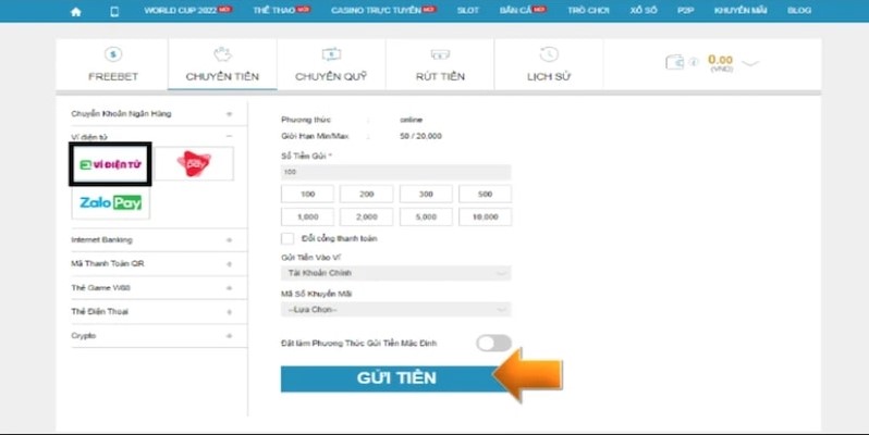 Cách gửi tiền W88 bằng ví điện tử